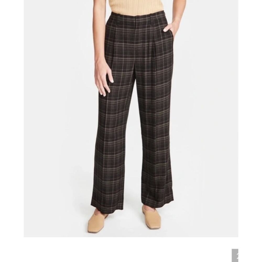 Vince Pleated Wide-Leg Trouser Pants Plaid Black/Brown Size 0